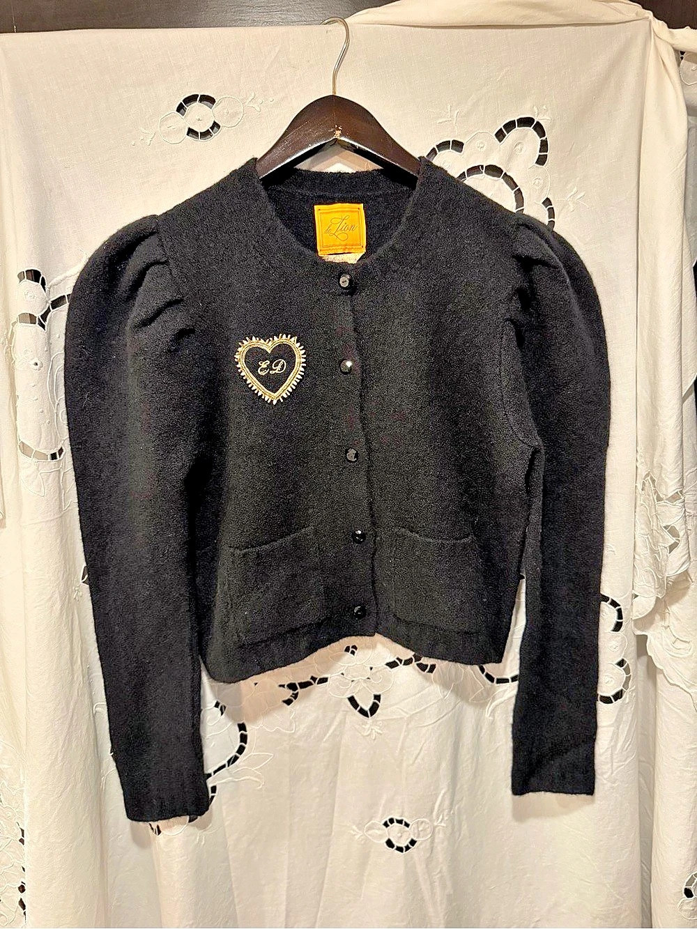 Le Lion Black Wool Cashmere Cardigan Gold Beaded Heart Puff Sleeve Goth Preppy S